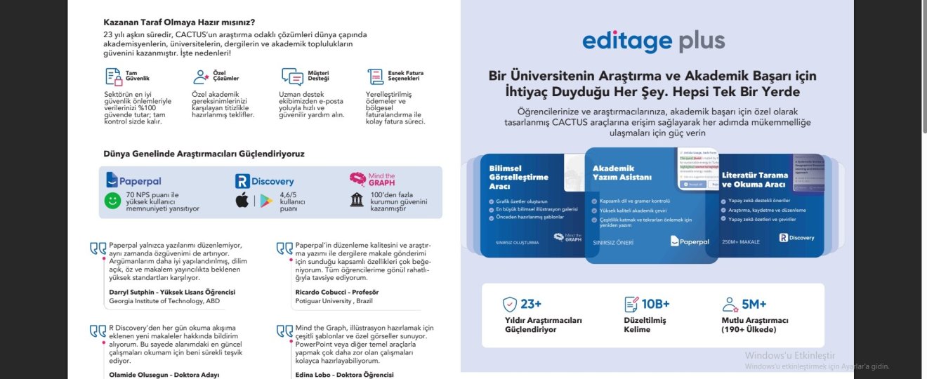 Editage Plus paketinin (Paperpal, MindtheGraph, RDiscovery ve Journal Finder) kurumsal erişimi akademisyenler için başlatılmıştır.